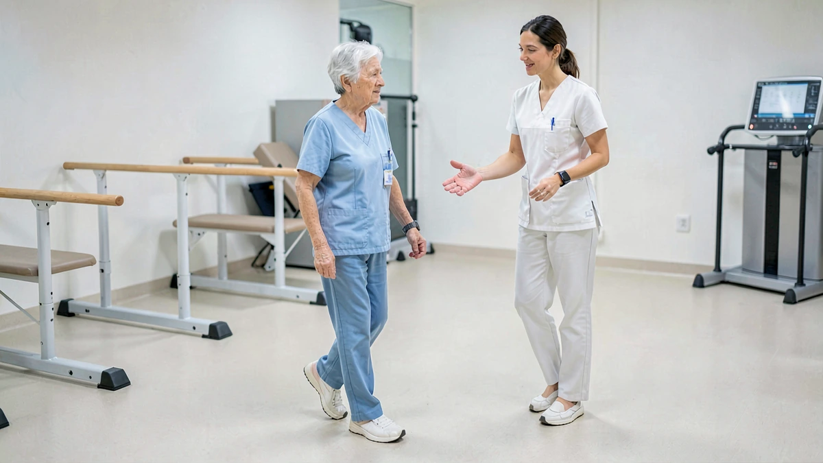 Fisioterapeuta geriátrico evaluando la marcha y el equilibrio de un paciente mayor en una clínica de rehabilitación moderna