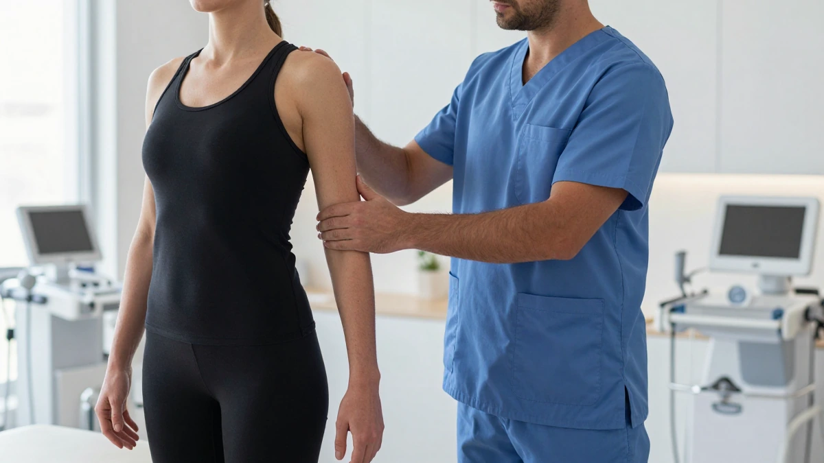 Fisioterapeuta con uniforme azul evalúa el rango de movimiento del hombro de un paciente en una clínica moderna y minimalista