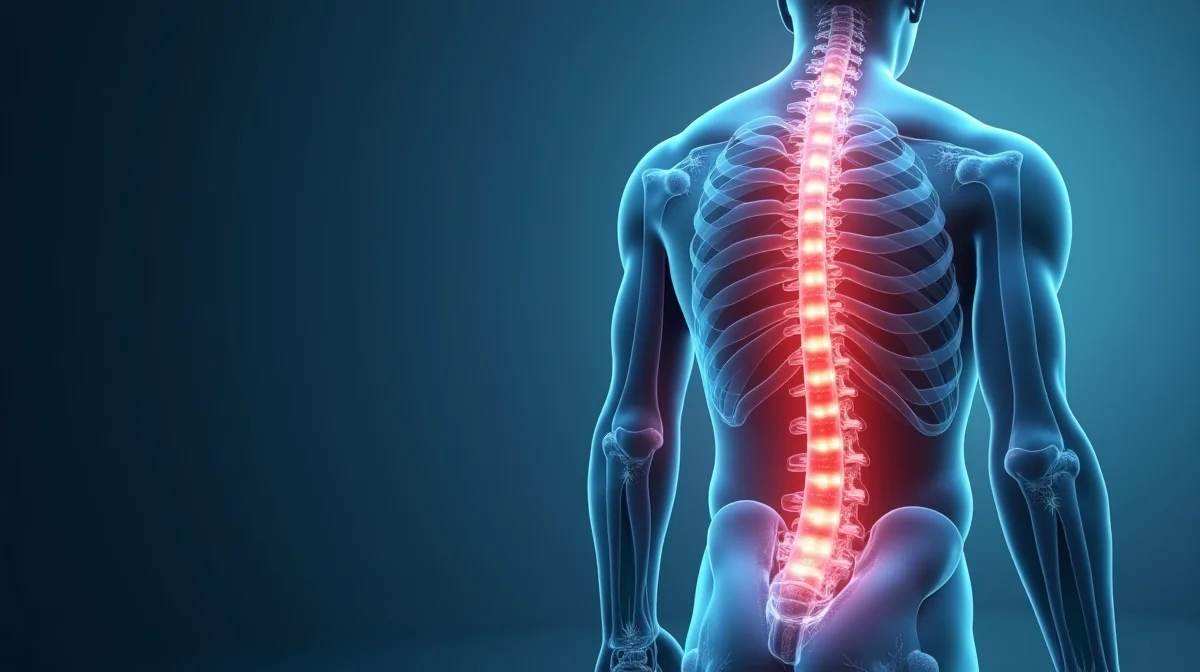 Ilustración limpia que muestra la columna vertebral con áreas señaladas de dolor lumbar, ideal para acompañar la sección de