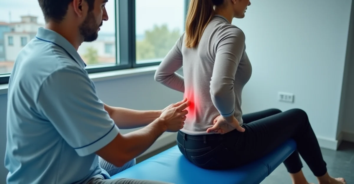 Fotografía de un fisioterapeuta evaluando la postura lumbar de un paciente en una clínica moderna, sin texto en la imagen