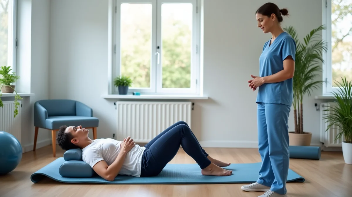Paciente realiza un ejercicio terapéutico supervisado en una clínica de fisioterapia