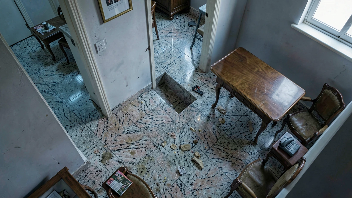 Vista isométrica de un interior con pisos de granito desgastado, un desnivel entre habitaciones y muebles de bordes afilados